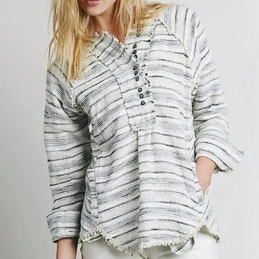 Free People white and black striped cotton top with fringe hem size small